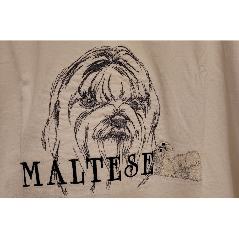 large white Unisex embroidered Maltese t-shirt. Maltese Face & Dog With MALTESE - Picture 2 of 4
